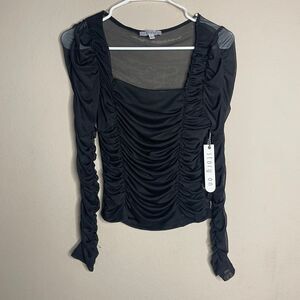 NWT Story On Black Ruched Long Sleeve Top sheer back size large